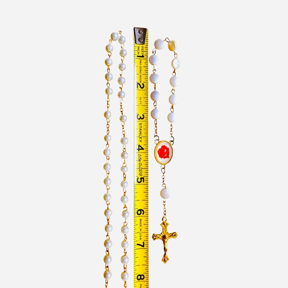Vtg Rosary Cross Necklace & Bracelet NRI Faux Pearl Gold Tone Italy Religious. - Picture 10 of 11